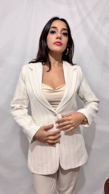 CHANEL MAVİ ÇİZGİLİ EKRU CEKET