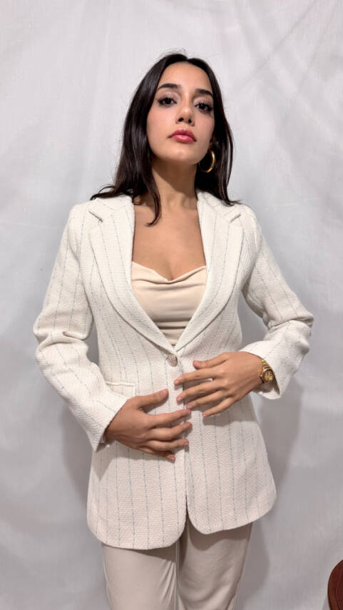 CHANEL MAVİ ÇİZGİLİ EKRU CEKET - 1