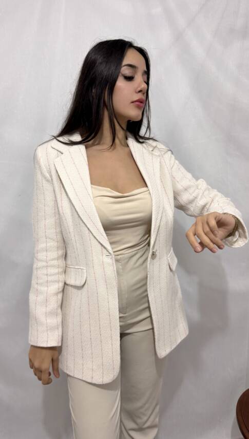 CHANEL PEMBE ÇİZGİLİ EKRU CEKET - 4