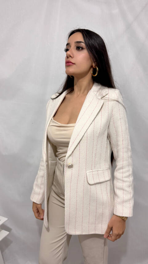 CHANEL PEMBE ÇİZGİLİ EKRU CEKET - 5