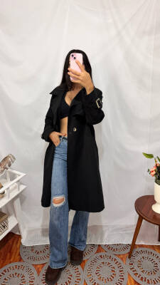 KOL KEMERLİ TRENÇKOT SİYAH - 4