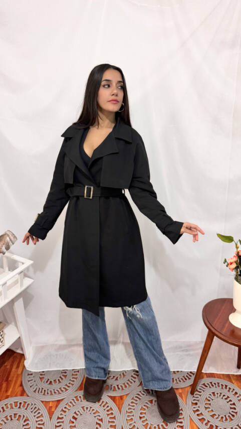 KOL KEMERLİ TRENÇKOT SİYAH - 5